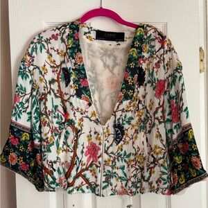Zara Blouse Womens S Kimono Floral Cottage Full Zip Bohemian Casual Drawstring